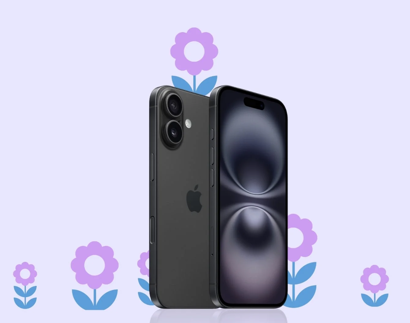 Black iPhone 16 angled front screen & back on a lavender background surrounded by purple flowers.